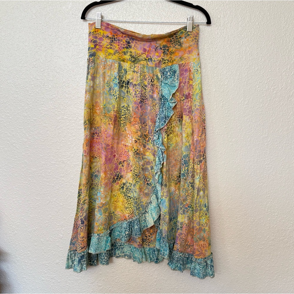 Santiki Made in Indonesia Yellow Watercolor Printed Midi Skirt Size Small